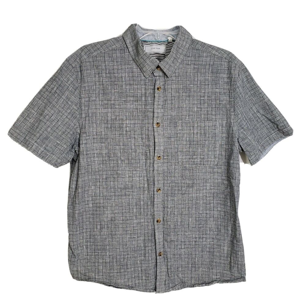 Five Four Mens Shirt Large Plaid Navy Blue White Short Sleeve Button Up Pocket